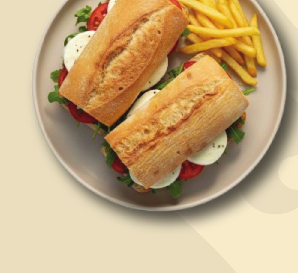 Ciabatta sandwich served with a side of fries