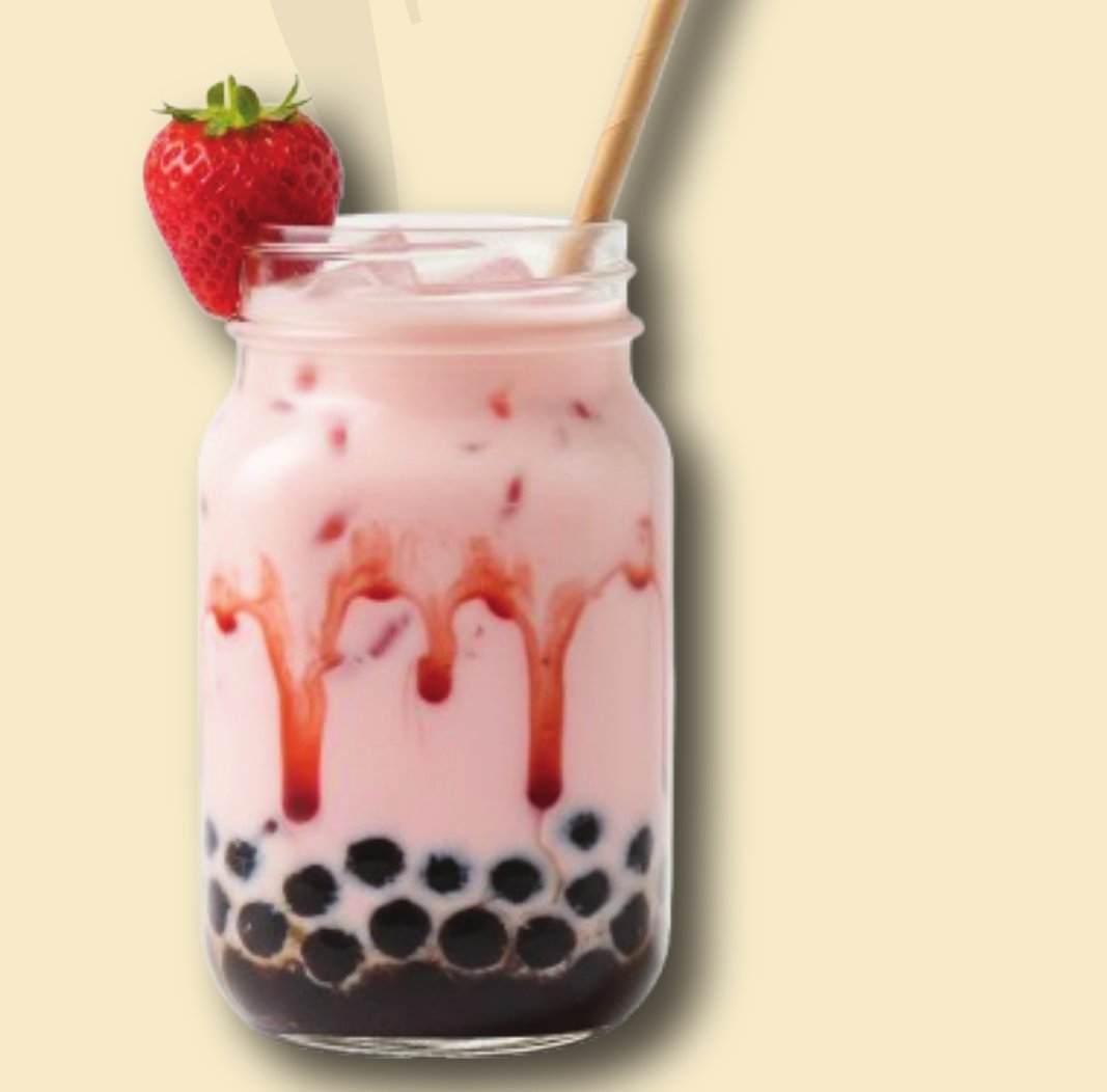 Strawberry iced boba tea in a mason jar with fresh strawberry