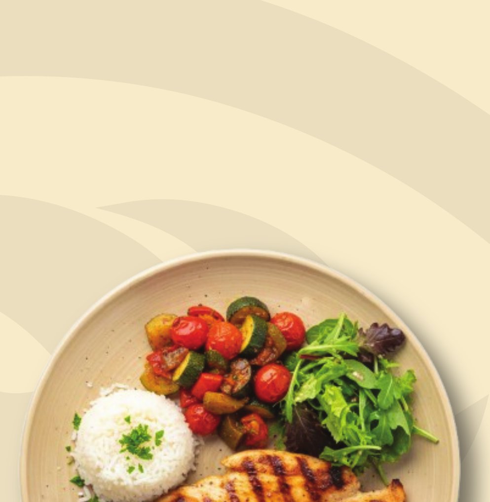 Grilled chicken plate with rice, grilled vegetables and salad